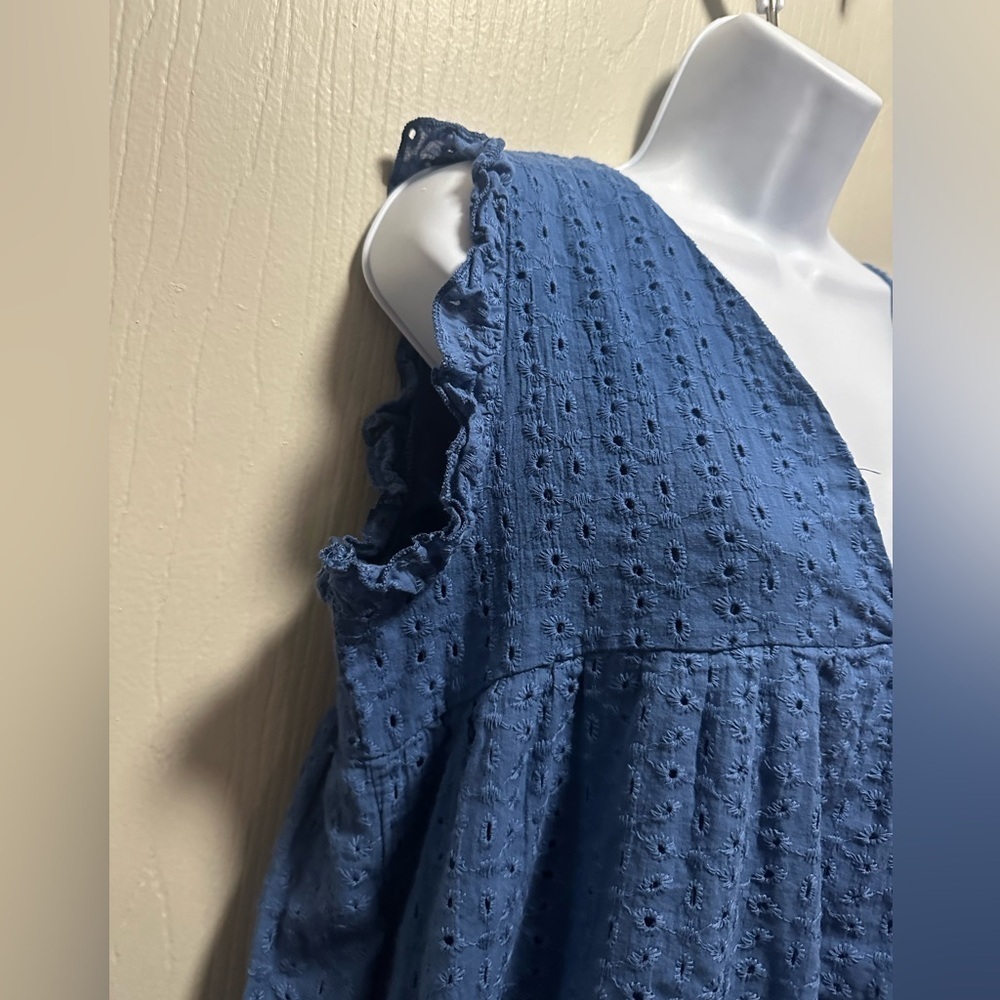 Blue Eyelet Babydoll Dress with Ruffle Sleeves - Size Large - Summer Chic - Picture 6 of 16
